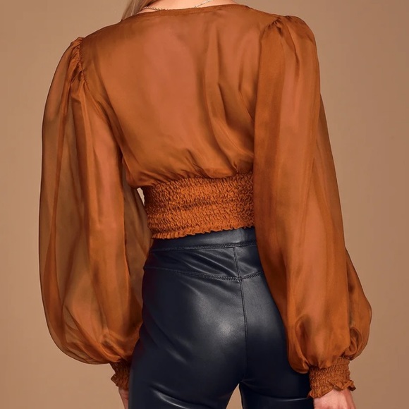 Lulus Brown Button-Front Smocked Crop Top - Picture 3 of 9